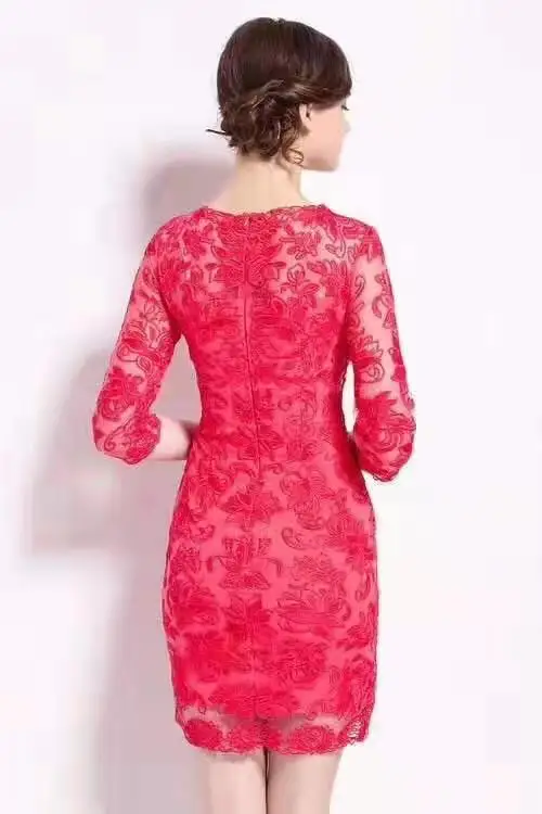 

XXXL Vestidos 2020 Spring Party Cocktail Women O-Neck Allover Exquisite Embroidery 3/4 Sleeve Bodycon Grey Rose Red Dress