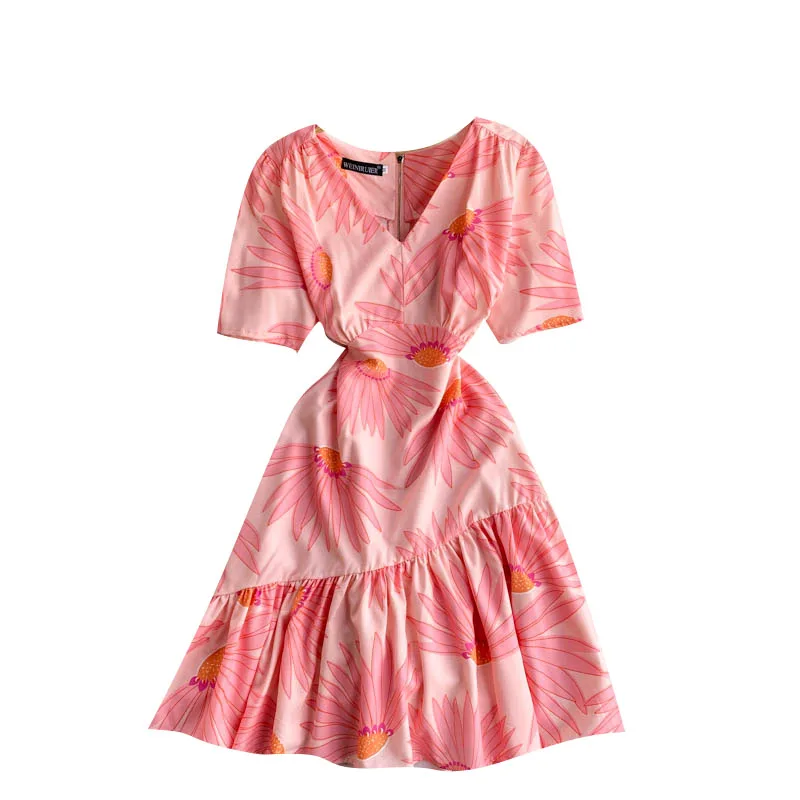 

2021 Summer Elegant Women V Neck Short Sleeve Floral Print Irregular Ruffles A Line Dress Ladies Sweet Party Dresses