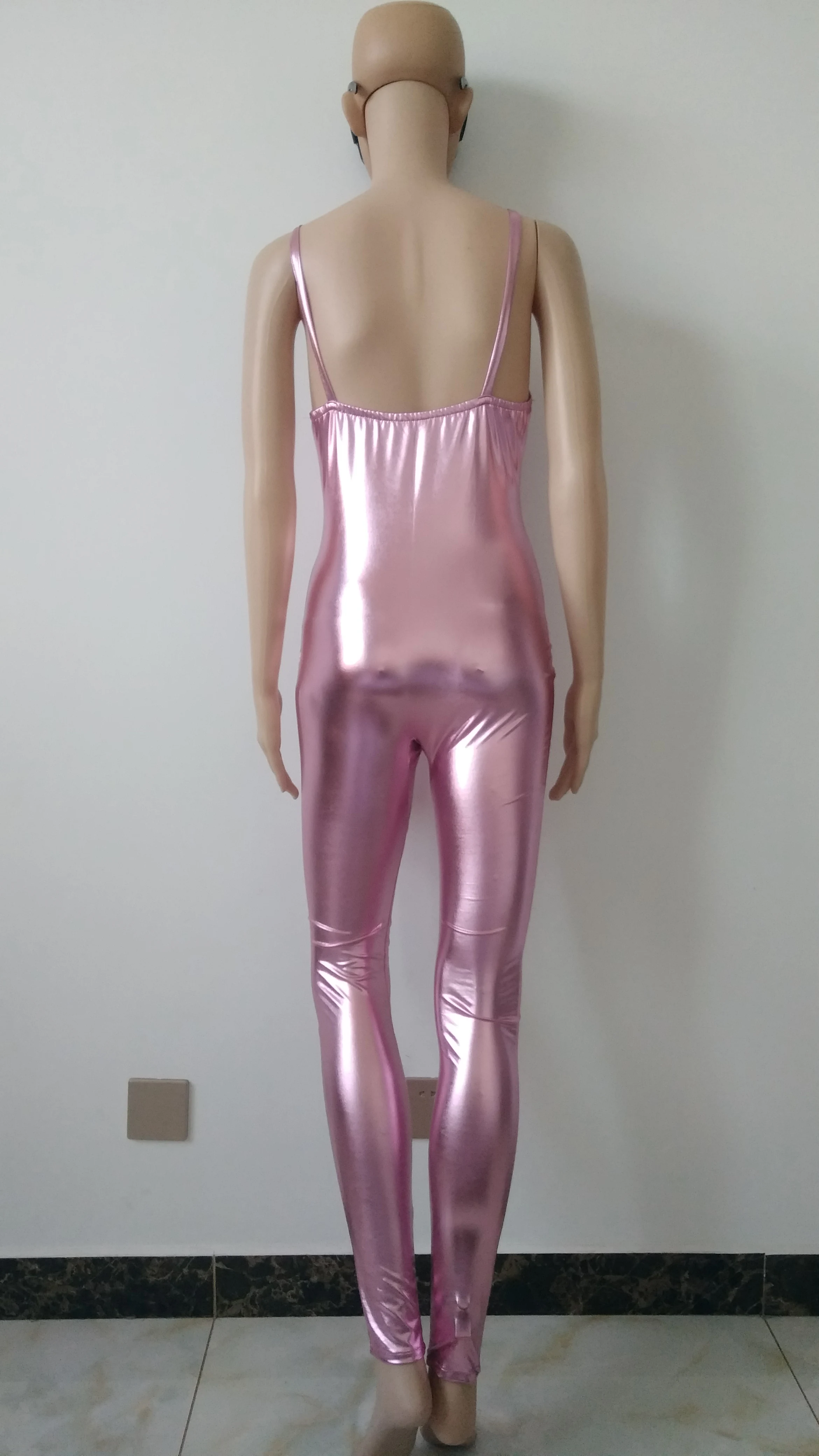 Пикантные женские розовые блестящие металлические костюмы Zentai комбинезон на
