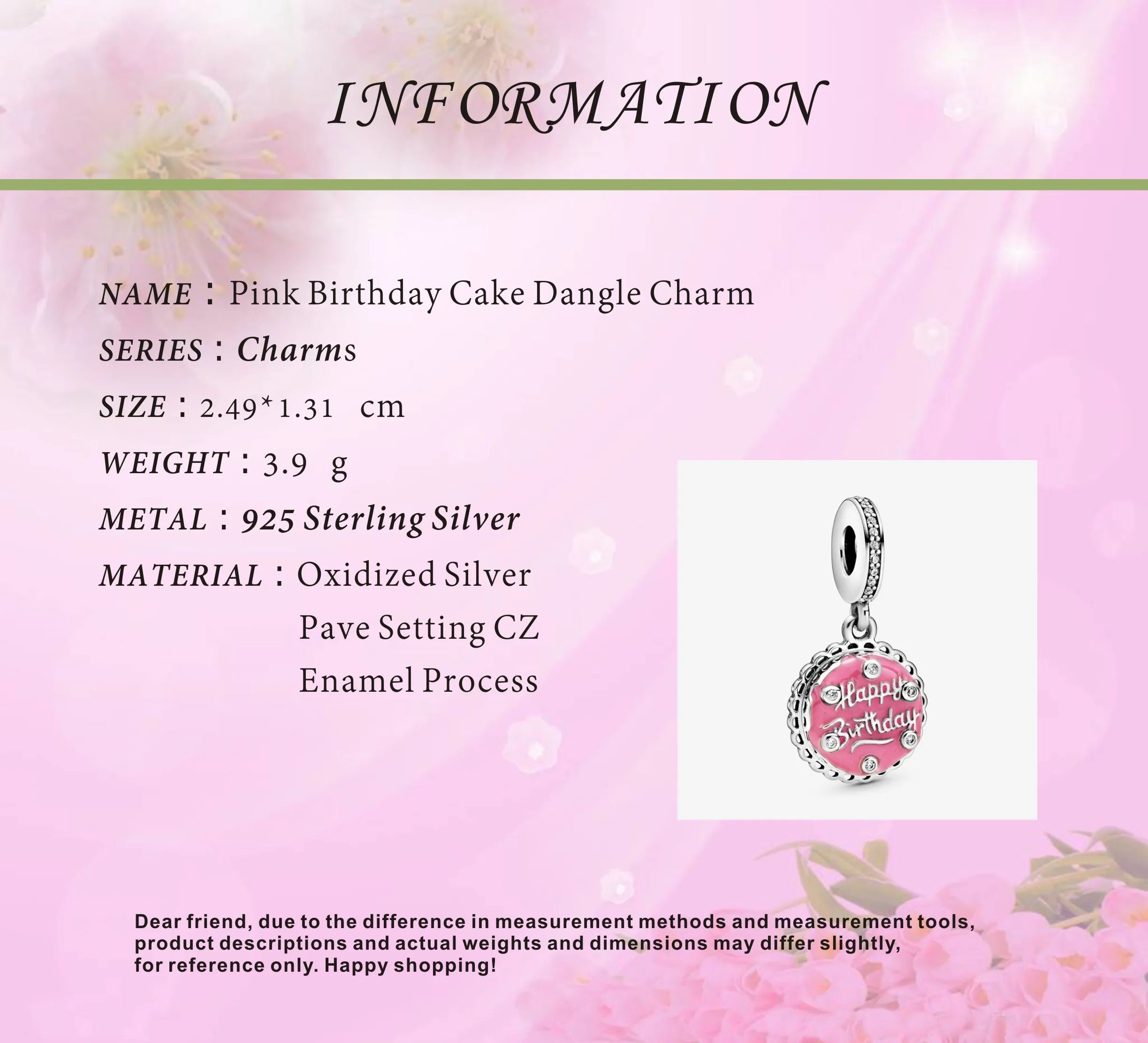 2020 Новая мода 925 стерлингового серебра бисер розовый торт ко дню рождения с