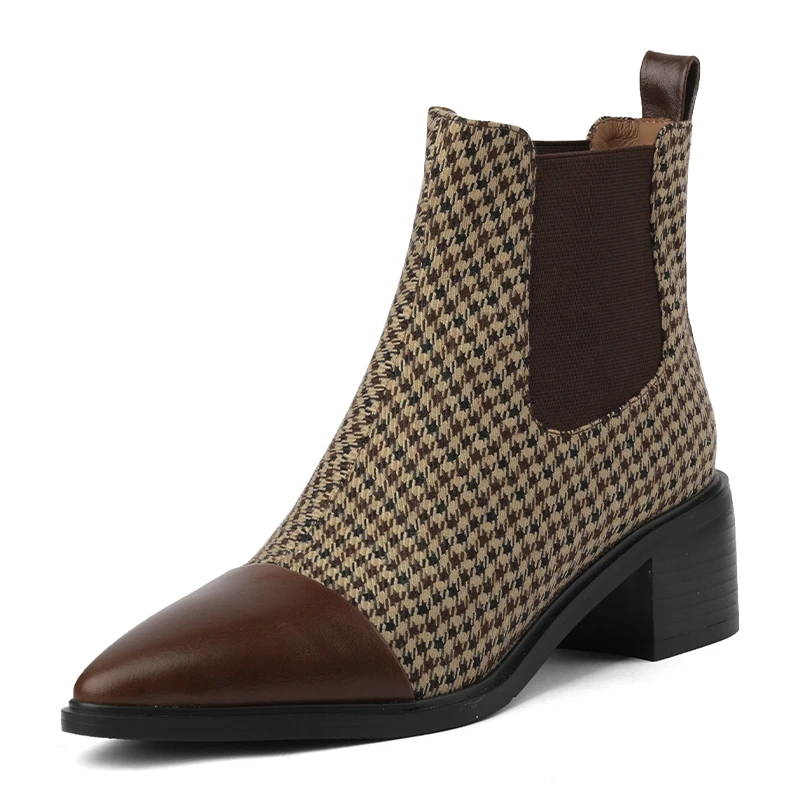 

Top Quality Ankle Boots For Lady Autumn Winter Plaid Pointed Toe Shoes Thick Heels Boot Genuine Leather Casual Basic Shoes Woman