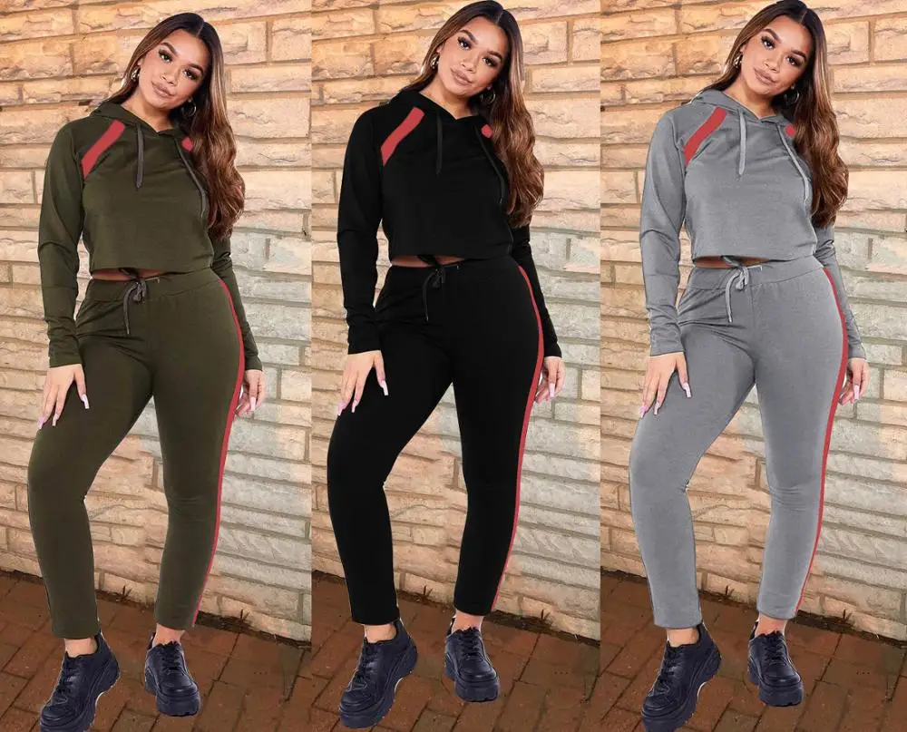 

Solid Color Two Piece Set Women Tracksuit Casual Sport Wear Femme Hooded Collar Pullover Top And Drawstring Pants Outfits