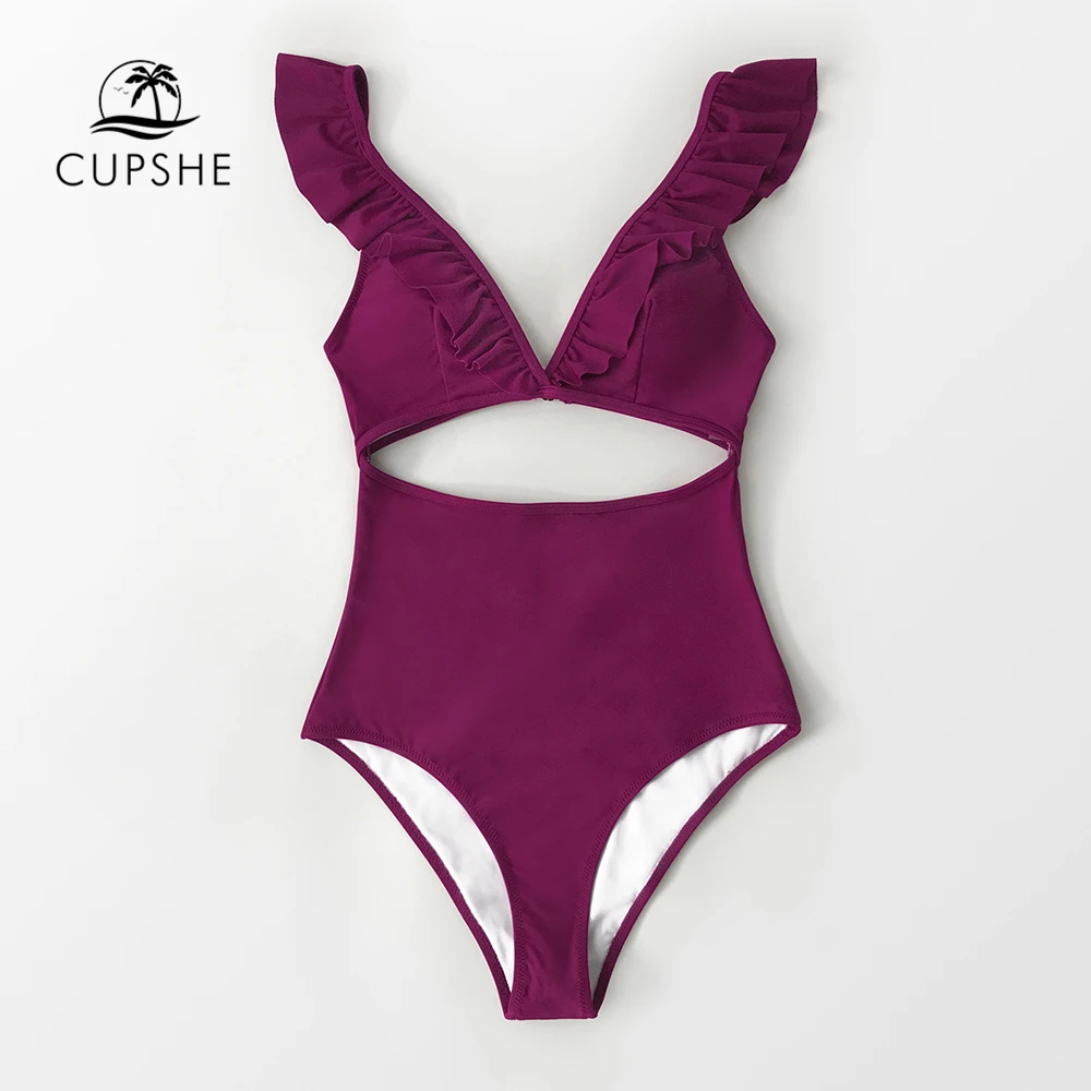 CUPSHE однотонный бордовый купальник с оборками и v-образным вырезом сексуальный