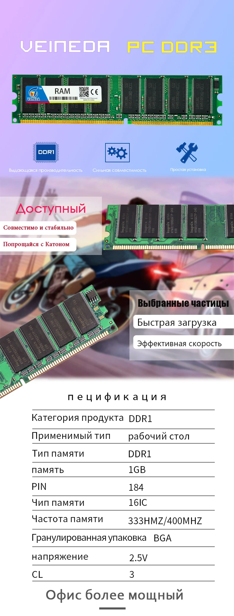 VEINEDA DDR1 2 ГБ 2X1GB DDR 1 ГБ pc3200 ddr400 400 МГц 184Pin модуль DDR для настольных компьютеров памяти CL3 DIMM Оперативная память 2G