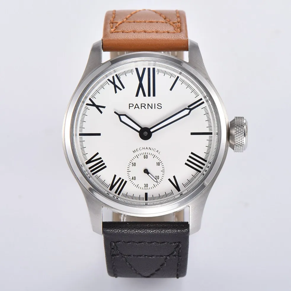 

Parnis 46mm Top business style mens Watch white Dial Clock Luminous Waterproof Leather Strap Hand Winding Movement Wristwatch