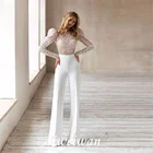 Женский Повседневный комбинезон с блестками, элегантный сетчатый Ажурный комбинезон с длинными рукавами-фонариками и О-образным вырезом, комбинезон с брюками, 2021