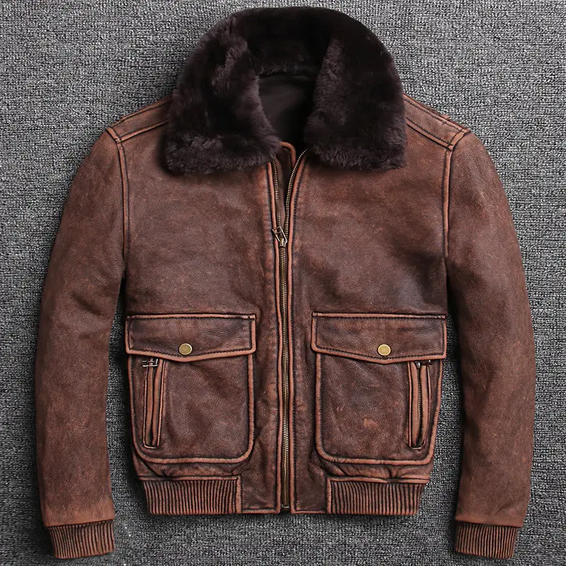 2020 винтажная коричневая мужская кожаная куртка пилот шерстяной воротник плюс