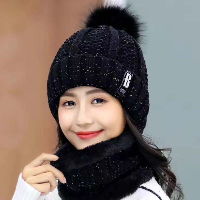 

Warm Winter Skullies Beanies Knitted Hat Women Brand High Quality Winter Women Ball Ski Wool Fur Hat Pompoms Hats Knitted Scarf