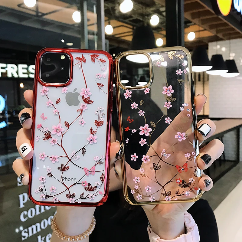 Прозрачный чехол с блестящими цветами для iPhone 12 Pro Max Mini прозрачный мягкий