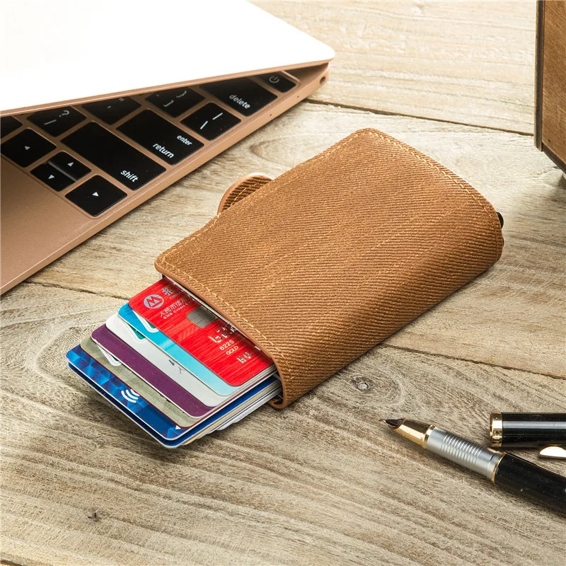 Customized Name Engraving Wallet RFID Card Holder Anti-theft Purse Double Box Credit Card Holder Denim Leather Wallet Cardholder images - 6
