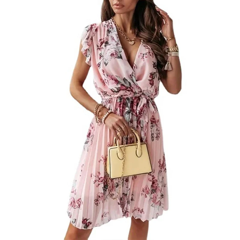 

Women's V-Neck Wrap Dress Flutter Sleeve Fashion Print Casual Summer Short Dress