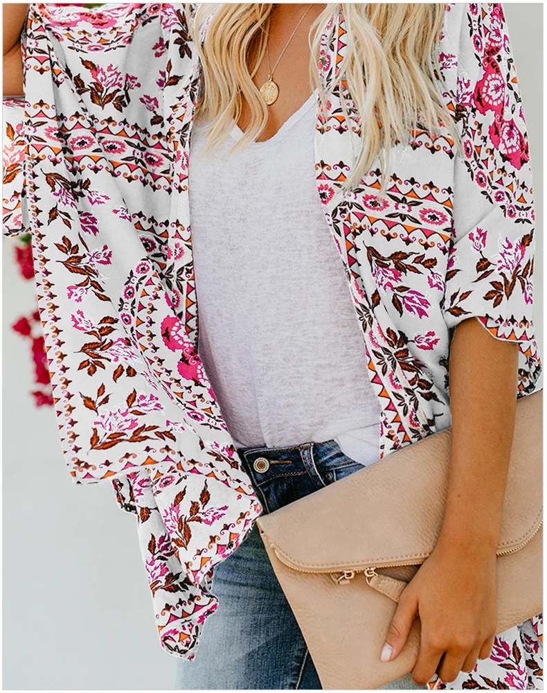 

2021 women's summer new fashion beach jacket women's mid-length cardigan long-sleeved printed blouse thin sunscreen clothing