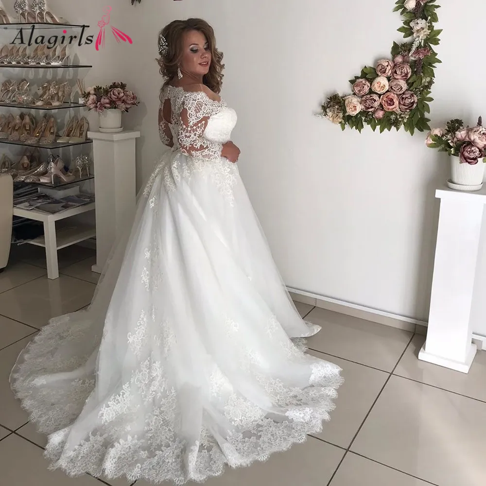 

Свадебное платье с аппликацией, кружевное платье с открытыми плечами 3/4, платье невесты с длинным рукавом, трапециевидное платье, элегантное женское платье 2020