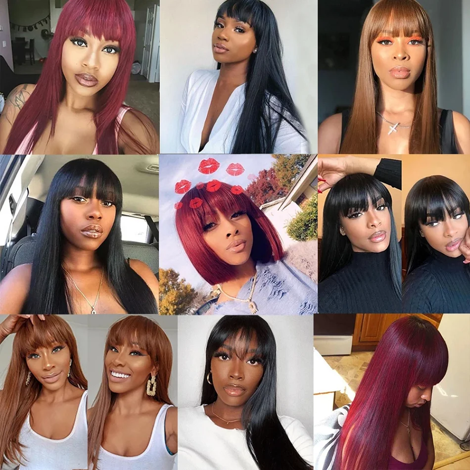 

Full Machine Made Human Hair Wigs With Bangs Straight No Lace 100% Bralizian Remy Women Hair 8-30 Inches Fringe Wigs With Bangs