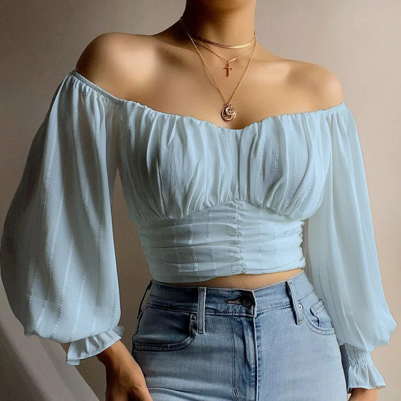 

Женская шифоновая блузка, с открытыми плечами и рукавами-фонариками, однотонная, с рюшами, для офиса, на осень