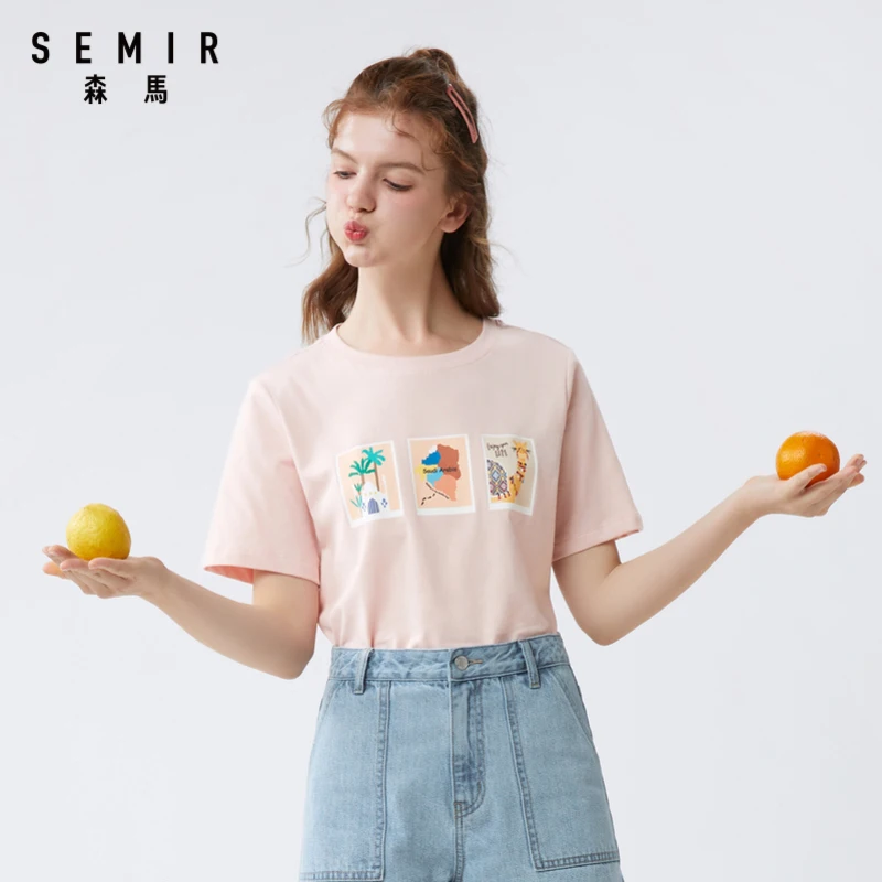 Женская хлопковая Футболка Semir свободная футболка с круглым вырезом и коротким