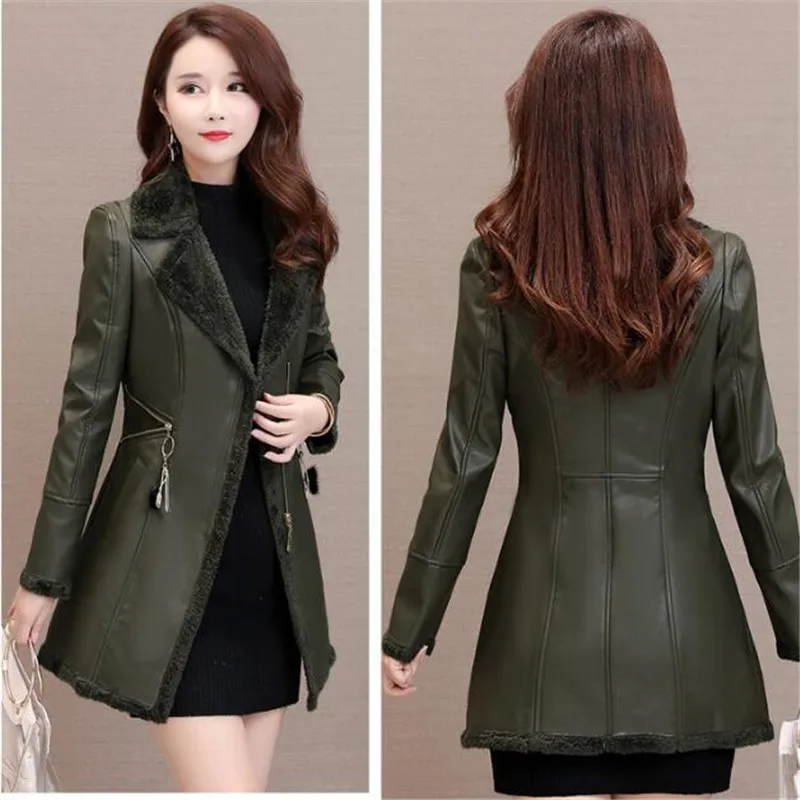 Модное кожаное женское пальто большого размера приталенное осень 2019 средней