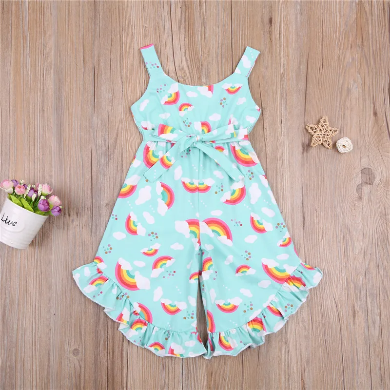 

Летний комбинезон на бретелях для девочек, модный цельный длинный брючный комбинезон с радужным принтом, V-образным вырезом и оборками