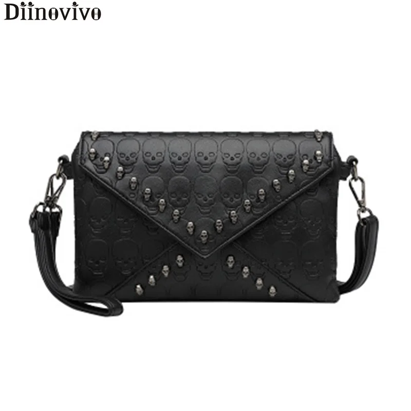 

Diinovivo Rivets Skull Printing Shoulder Bag Black Punk Women Crossbody Bags Messenger Brand Women Bags Hasp Purse New WHDV1583