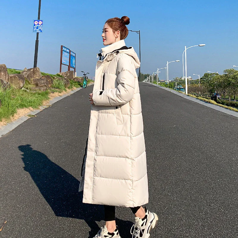 Long Parka Women Cotton Padded Coat Solid Color Contrast Street Jacket Winter Warm Hooded Standing Collar Over Knee Outwear