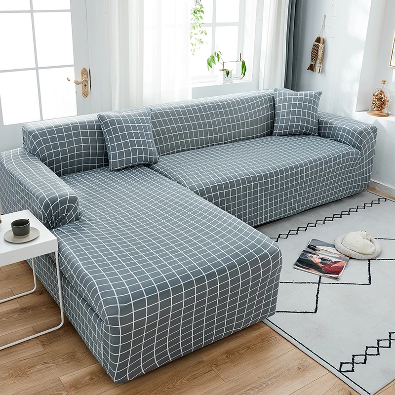 

Square Lattice Printed L Shape Sofa Covers For Living Room High Elasticated 1/2/3/4 Polyester Slipcovers For Corner Sofa Cover