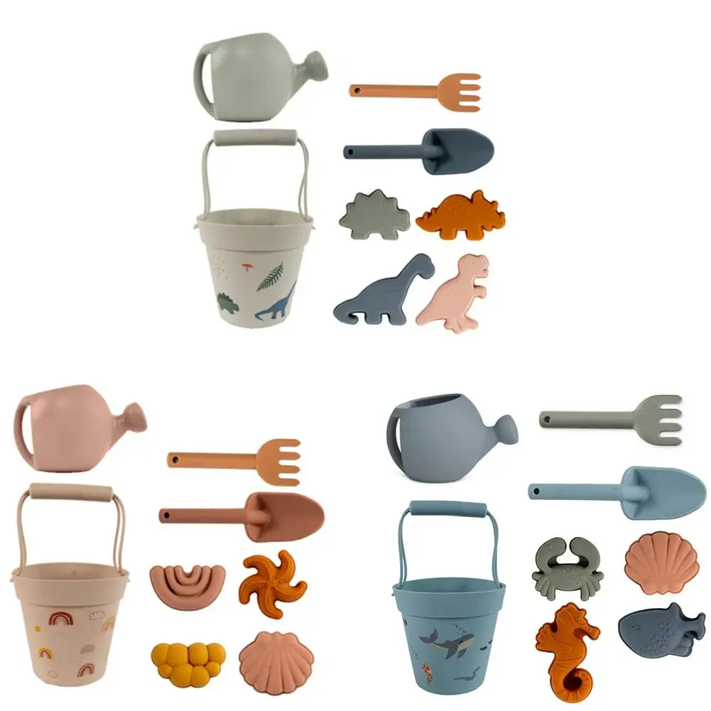 

8PCS Silicone Beach Bucket Set Portable Beach Playset Beach Parent-child Interactive Play Toy Model Sand Digging Bucket