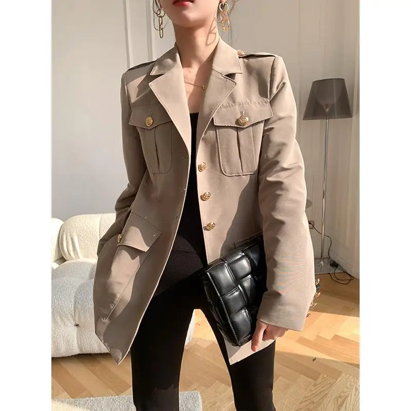 

new 2021 spring leisure windbreaker women's middle length retro handsome small temperament tooling Jacket Women's wear