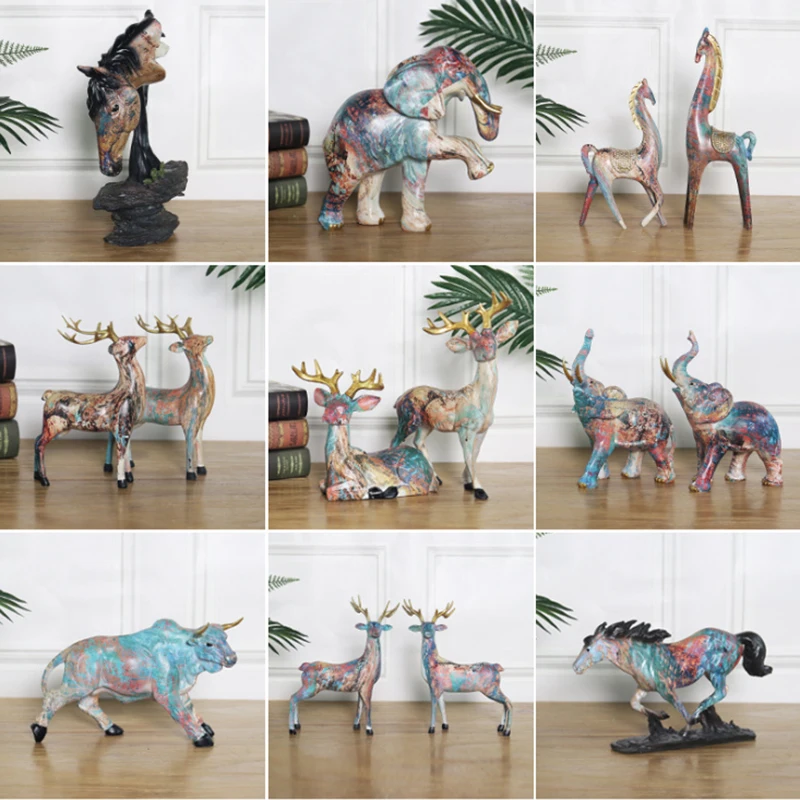 

Nordic Oil Painting Resin Animals Sculpture Elk Horse Figurine Modern Art Crafts Home Decoration Desktop Ornament Christmas Gift