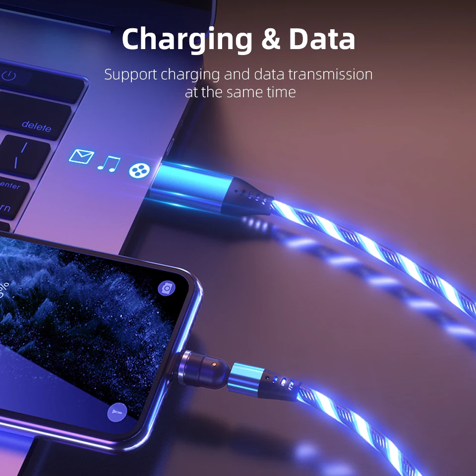 Магнитный зарядный кабель 3 в 1 Micro Usb Type-C со светодиодной подсветкой мульти штекер
