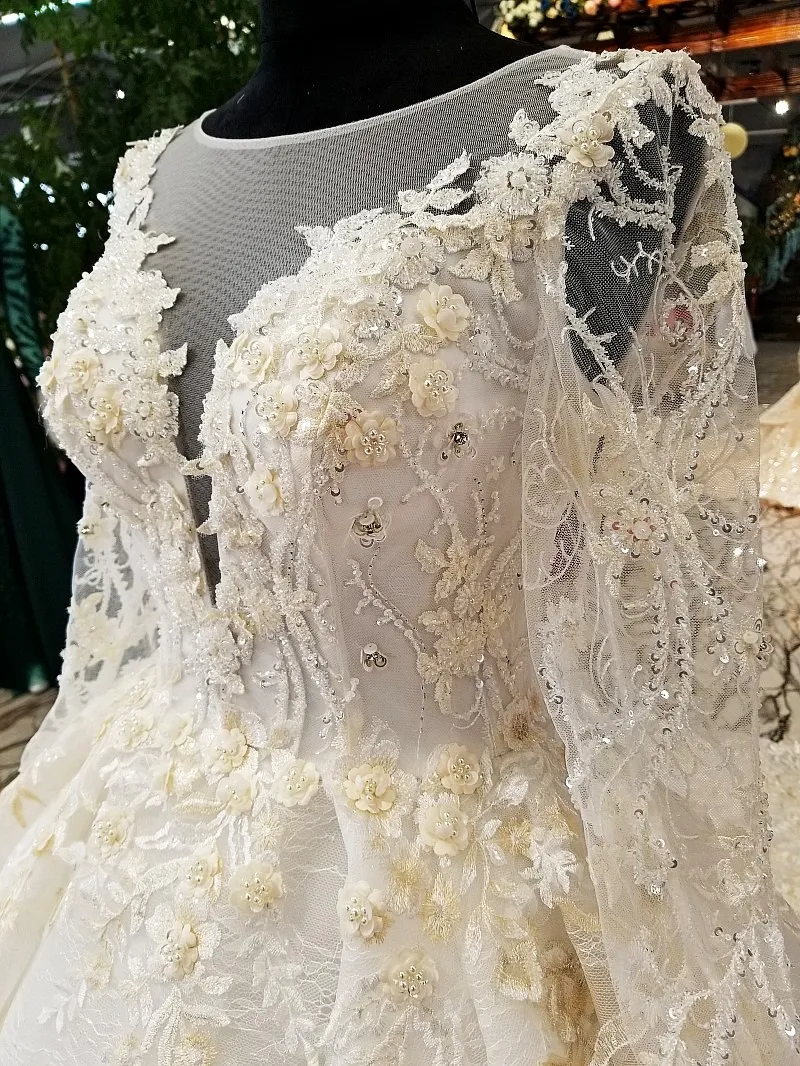 BGW HT4814 Ball Gown Champagne Wedding Dress 2020 O Neck Tulle Long Sleeve Bridal For Big Puffy Skirt Vestido Boda |