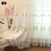 floral embroidered voile curtain for bedroom simple modern rural delicate sheer pink blue window treatment gauze js36c