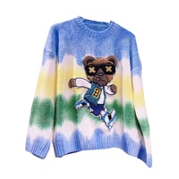 hip hop sweater pullover women cartoon bear knitted oversized sweater harajuku streetwear tops flame casual sweater blue