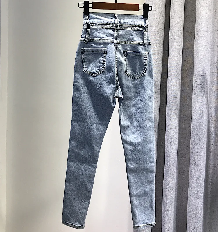 

2020 Spring New High Waist Light Blue Jeans Trousers Women Heavy Diamond Beads Slim Stretch Leggings Tight-fitting Denim Pants