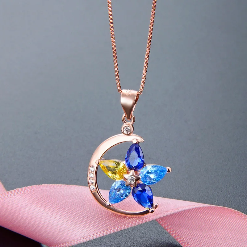 Элегантные ожерелья голубые звезды луна женские 925 стерлингового серебра тренд