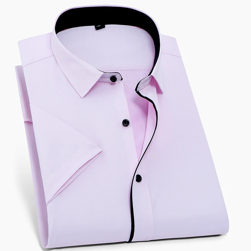 S~ 8XL Лето Плюс Размер без нагрудного кармана короткий рукав твил сплошной slim fit Мужская одежда рубашки легкий уход черная кнопка