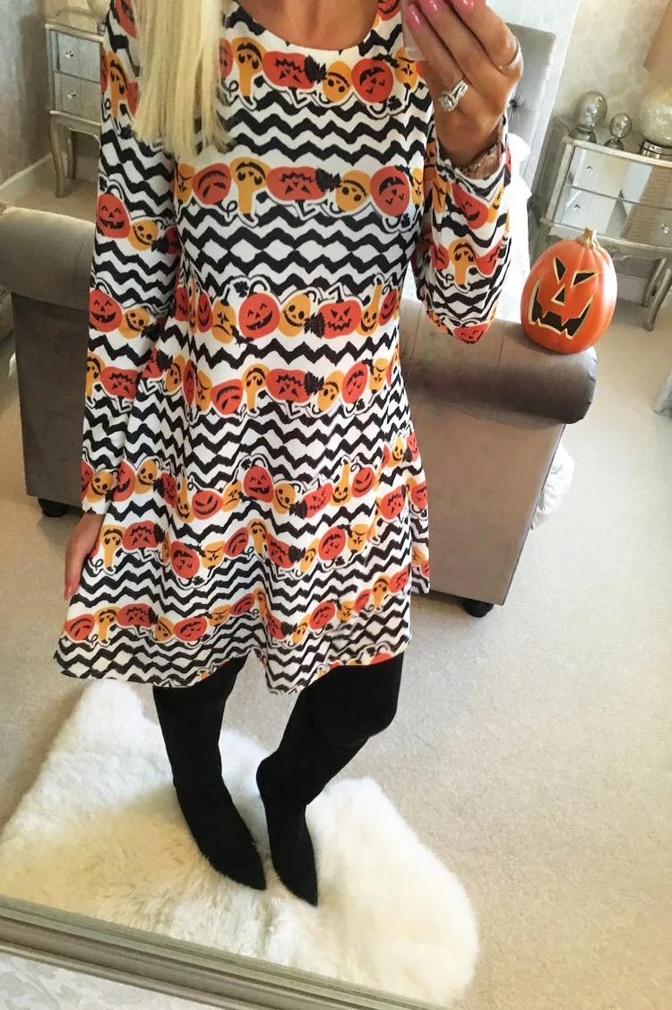 

Halloween Pumpkin Dresses Gothic O-neck Print A-line Women Clothes 2021 Vintage Womens Plus Size Dress 2021 Autumn