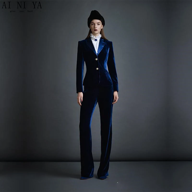 Dark Blue Velvet Women's Business Suits Formal Office Pant Suits Female Work Wear 2 Piece Sets Slim Fit Uniform Designs Blazers