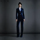 Темно-синие бархатные женские деловые костюмы, деловые офисные брючные костюмы, Женская рабочая одежда, комплекты из 2 предметов, облегающая форма, дизайнерские блейзеры