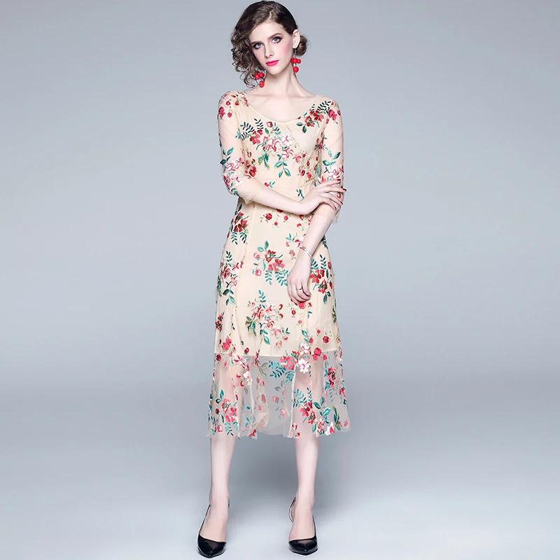 

2021 Summer Mesh Embroidery Flowers Dress Fashion Luxury Floral Lace Dress Elegant Slim Women Party Dresses Vestidos