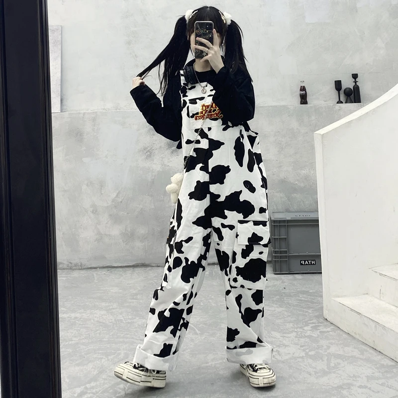 

Baggy Pants Street Hip-hop Harajuku Girl Cow Print Onesies for Women Female Black White Plaid Overalls Casual Jumpsuit Trousers