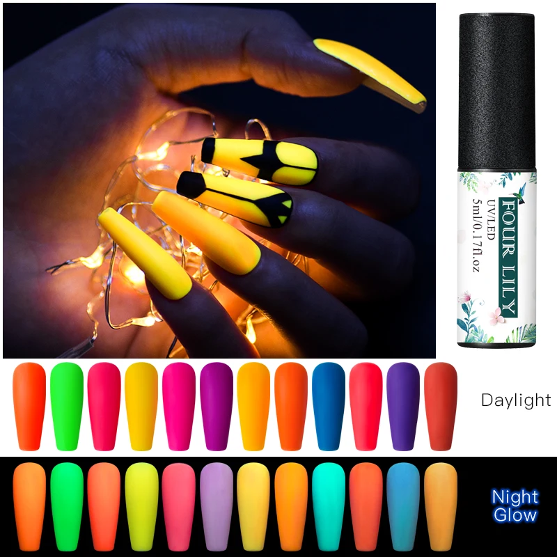 

FOUR LILY Nail Gel Fluorescent Luminous Gel Nail Varnish UV Glow In The Dark Gel Nail Polish Lacquer Matte Top Base Gel Primer