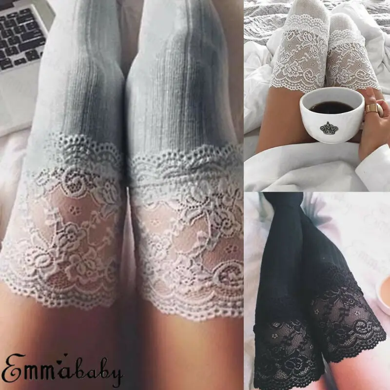 Модные женские кружевные вязаные хлопковые чулки выше колена однотонные милые