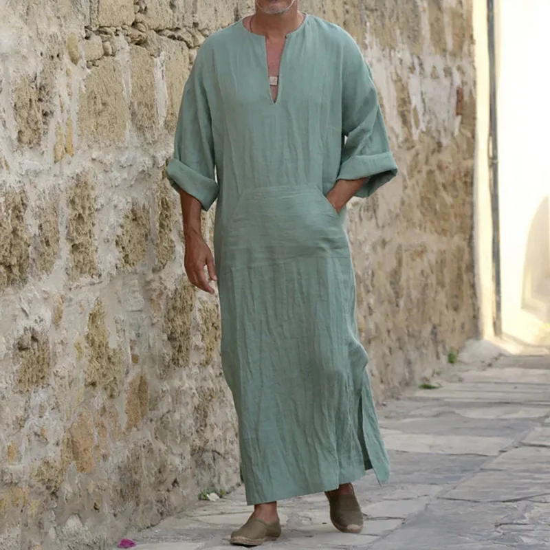 

2021 New Fashion Cotton Linen Loose Saudi Arab Muslim Dubai Robe Men's Long Shirt Male Deep V Neck Solid Middle Thobe Islamic