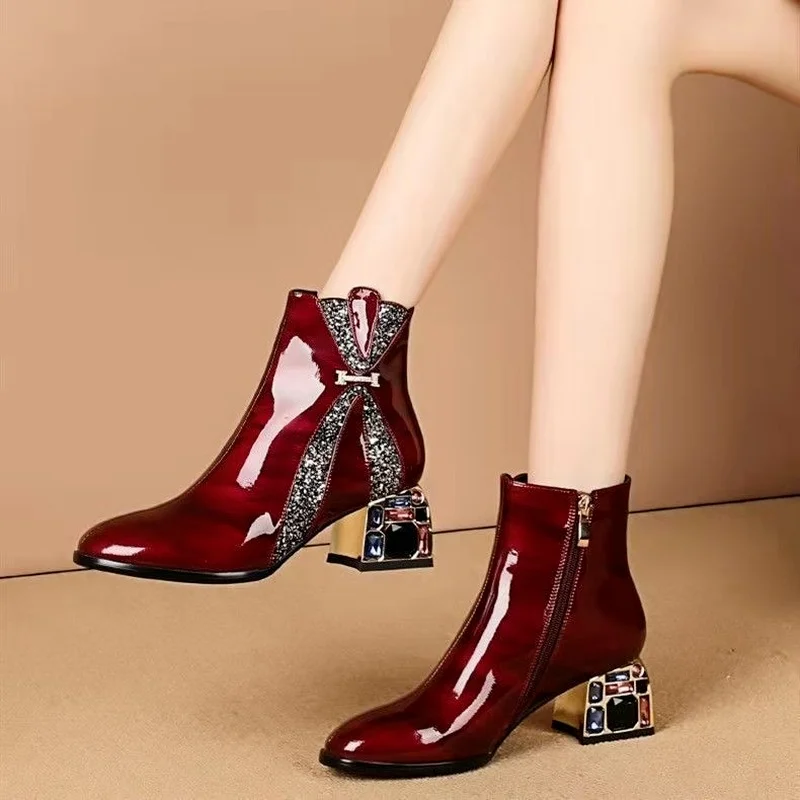 

New Women Chunky Ankle Boots 2021 New Winter Fashion Party Crystal High Heels Zipper PU Leather Bling Sexy Pumps Chelsea Boots