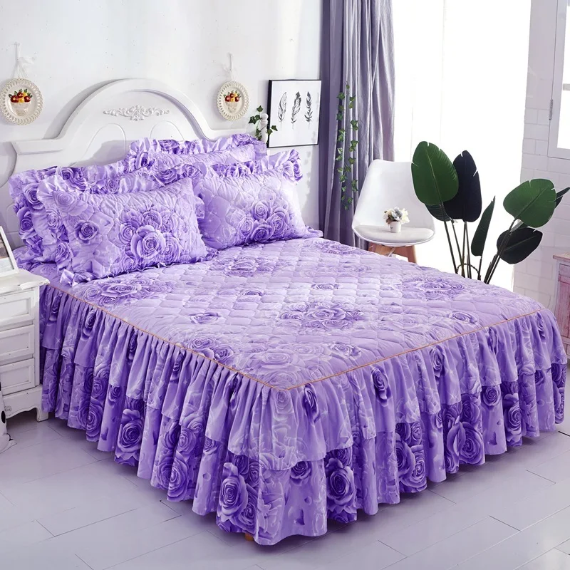 

3pcs Thickened Floral Bed Skirt (With Pillowcase) Double Lace Graceful Fitted Sheet Home Bedroom Decor Cover With Elastic Band