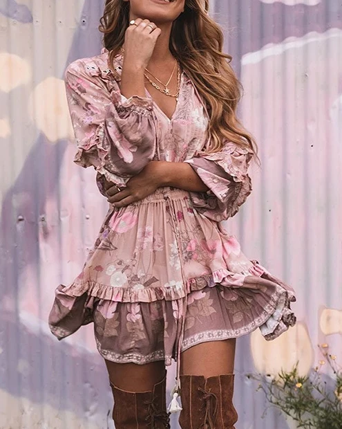 Everkaki/мини-платье с оборками для женщин, Boho, с принтом, кисточками, поясом, с завязками, с длинным рукавом, женские короткие платья, женские,, осень, Новинка
