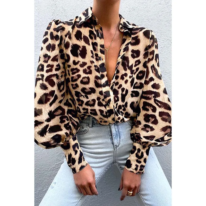 

Женская леопардовая рубашка, осенняя женская блузка с длинным рукавом, блузки с рукавами-фонариками и рубашки, модные женские блузки на пуг...