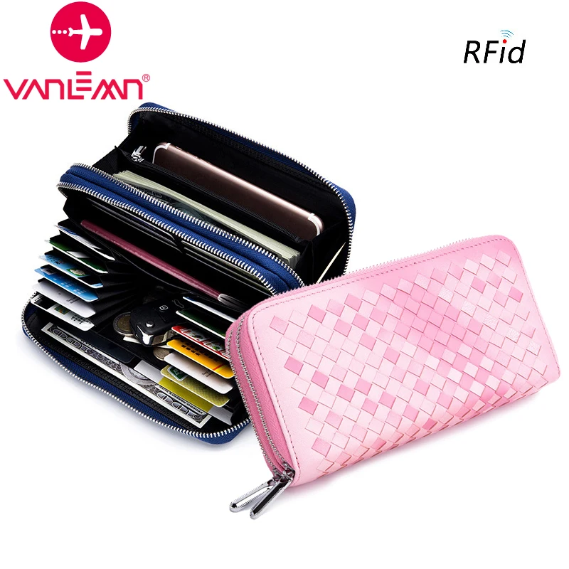 Women Wallet Genuine Leather Long Wallets Ladies RFID Anti-theft Phone Clutch Bag Double Zipper Hand Knitting Wrist Bag Purse