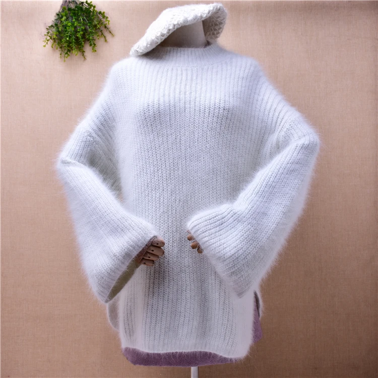 

Женская осенне-зимняя одежда, пушистый шерстяной вязаный пуловер из ангоры с длинными расклешенными рукавами и разрезом, Свободный пуловер...