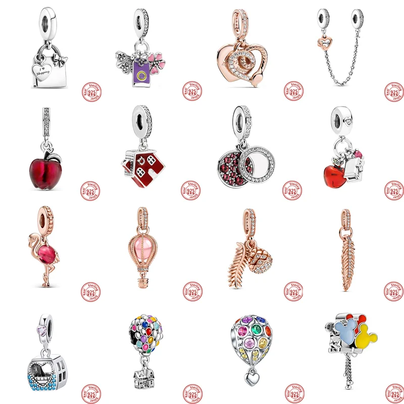 

925 Silver Balloon Apple Rose Gold Pine Leaf Pine Cone Family Safety Chain Beads Fit Original Pandora Charm Bracelet DIY Jewelry